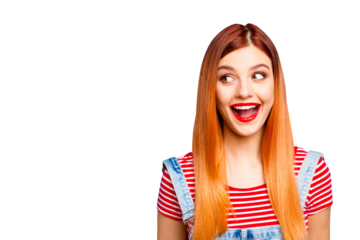 Charming young girl delighted with the good news and now wide-open her mouth from surprise looks aside isolated on bright blue background with copy space for text