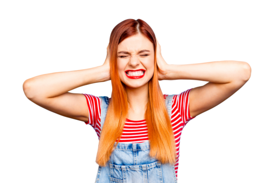 Omg it's too much! Close up photo portrait of sad upset unhappy unsatisfied aggressive girl closing ears with palms isolated bright background