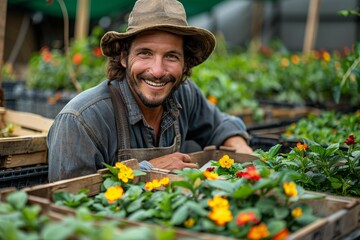 A professional worker in a greenhouse, beaming and cheerful, tending to plants.