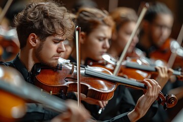 A group of musicians in a classical orchestra, displaying intense concentration and teamwork during...