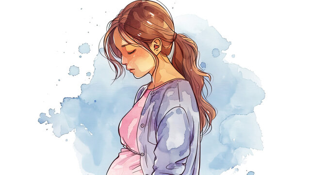 A pregnant woman in despair. depressed pregnant girl on a white background. Nervous breakdown. watercolor art	
