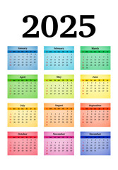 Calendar for 2025 isolated on a white background