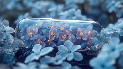 A view of flowers inside a transparent medicine capsule, a view that shows the quality and beneficial nature of the medicine, a view that shows that the medicine is good for the body.