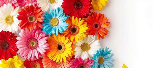 Assortment of vibrant flowers on white background with ample space for text placement