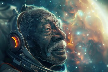 Elderly black Astronaut Contemplating the Cosmos - obrazy, fototapety, plakaty