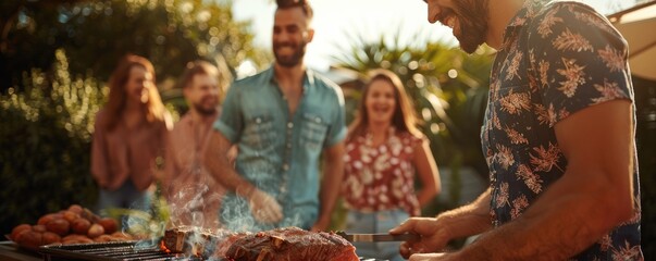 Smiling man in an apron is cooking on a grill with friends in garden. - obrazy, fototapety, plakaty