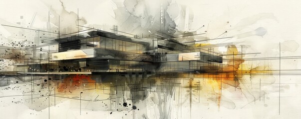 Monochromatic sketch showing a dynamic and abstract design of an architectural structure with expressive strokes.