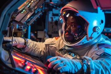 African American Astronaut on a Space Mission - obrazy, fototapety, plakaty