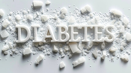 3d bold text " diabetes " written with white sugar on white background, American Diabetes Alert day is in March, is a one-day wake-up call that focuses on the seriousness of diabetes 