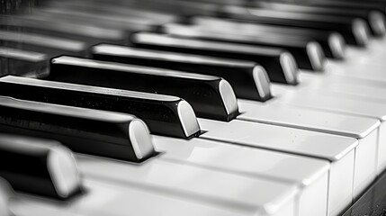 Detailed close up of black and white piano keyboard in monochrome color for optimal search relevance