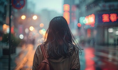 A woman stands contemplating the wet urban scene, highlighted by glowing street lights and a blur of evening traffic. - obrazy, fototapety, plakaty