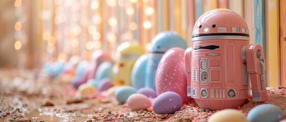 Robot with easter eggs in pastel colors, space traveler - obrazy, fototapety, plakaty