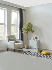Grey stone wall background and guillotine windows, sofa, pillow, lamp and green vase of plant,...