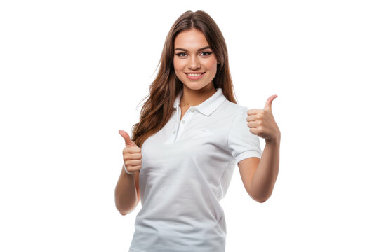 a picture of a woman office worker in a white polo t shirt with a thumbs up, on transparency background PNG