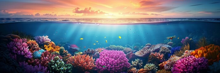 Golden hour sunset over great barrier reef coral marine ecosystem in queensland, australia - obrazy, fototapety, plakaty