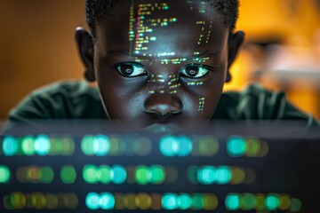 Black boy working on a laptop, programming a simple blockchain, with code reflected in his eyes