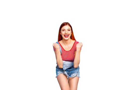 I like it so much! Close up studio photo portrait of crazy cheerful joyful rejoicing girl in striped t-shirt white skin gesturing with hands fists looking at camera isolated bright vivid background - Powered by Adobe
