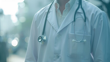 a doctor wearing overall coat and a stethoscope in neck, with blurred hospital background  - Powered by Adobe