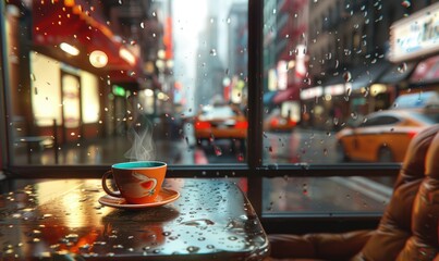 A warm cup of coffee sits on a wet table, looking out onto a rainy city street with cars and...