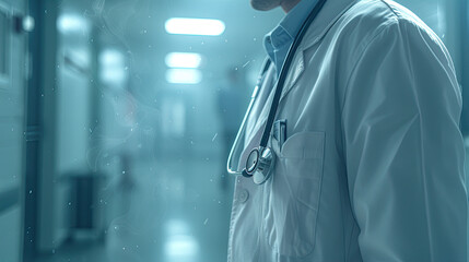 a doctor wearing overall coat and a stethoscope in neck, with blurred hospital background 