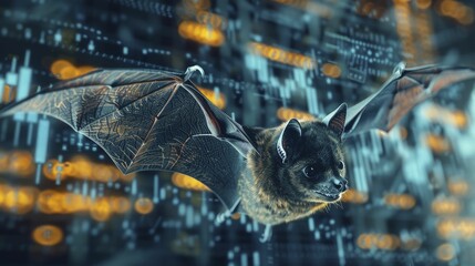A bat navigating through a labyrinth of financial graphs and charts, embodying intuition and the ability to thrive in the complexities of the financial world. - obrazy, fototapety, plakaty