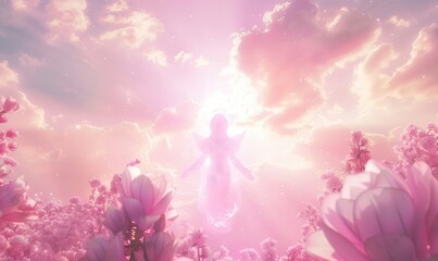 Beautiful angel among vibrant flowers against a dreamy, pink sky, blending history with fantasy