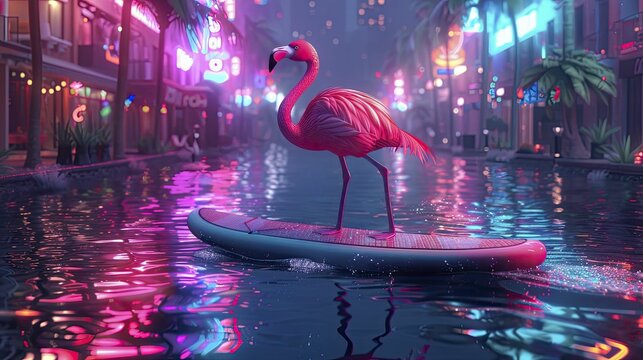 Flamingo gracefully balances on one leg on a paddleboard, gliding through a neon-lit urban canal, embodying balance and urban exploration.