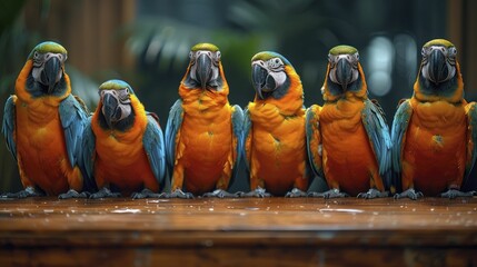 A group of parrots engaging in a lively discussion around a conference table, embodying teamwork, collaboration, and vibrant corporate culture. - obrazy, fototapety, plakaty