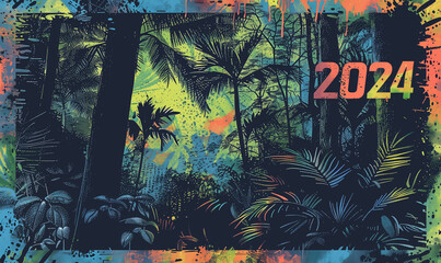 colourful 2024 text, natural halftone forest 