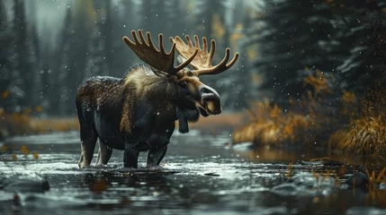 Rideaux occultants Orignal A moose calmly crossing a river, undeterred by the rushing waters, symbolizing perseverance and the ability to thrive amidst market volatility.