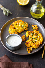 Cauliflower steaks with white sauce. Healthy eating. Vegetarian food.