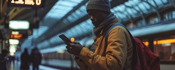 A man engaged with his phone while waiting for a train at a station during the early hours of dawn