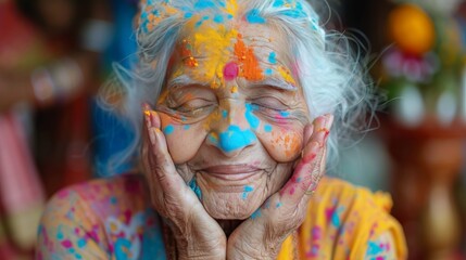 Elderly Woman With Painted Face and Hands