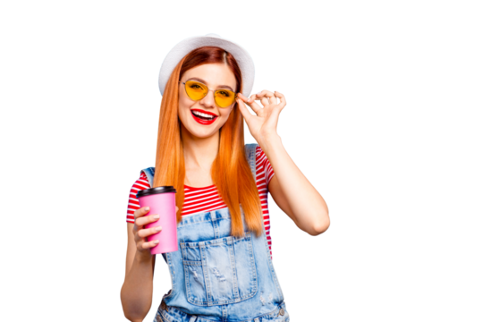 People youth youngster person lifestyle concept. Close up studio photo portrait of attractive pretty cute trendy lovely cheerful excited lady holding paper cup in hand isolated bright background - Powered by Adobe