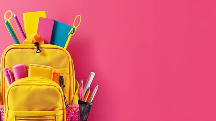 School bag essentials  stationery supplies banner design on pink background with copy space
