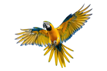 Macaw in  blue and yellow color  in flight showcasing Its beautiful wings