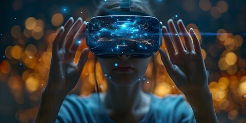 Exploring Future Education: Young student utilizing VR headset for learning with digital hologram. Concept Future Education, Virtual Reality, Student Learning, Holographic Technology