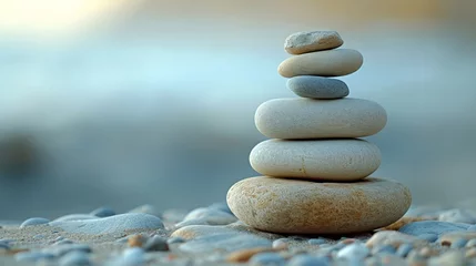 Tuinposter Balanced Pebble Stack on Sandy Beach Harmony and Tranquility in Nature's Elements © VICHIZH