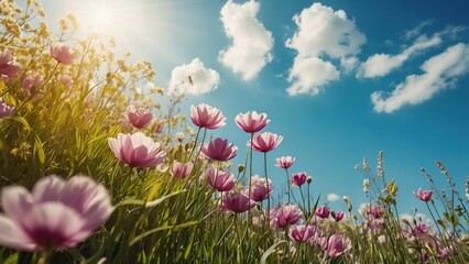 pink tulips in spring and summer  low angle view with sky and clouds 