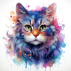 Watercolor Celestial Cat Illustration, Generative Ai