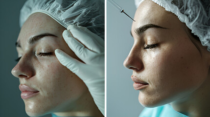 Before and after collage of a woman, medical procedures to improve skin,  Generative AI