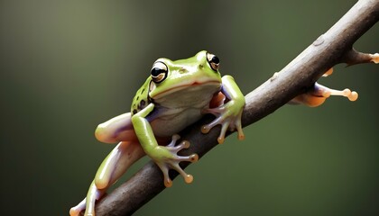 A Frog With Its Fingers Spread Wide Gripping A Br - obrazy, fototapety, plakaty