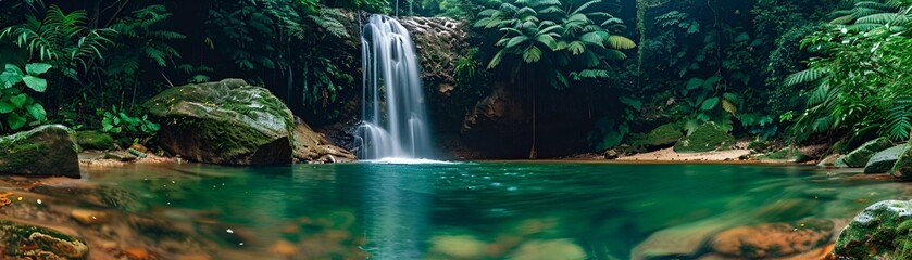 Secluded waterfall in a lush rainforest, vibrant flora, serene pool, hidden paradise 