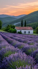 Rolling lavender fields at sunset, quaint farmhouse in distance, calming and aromatic scenery 