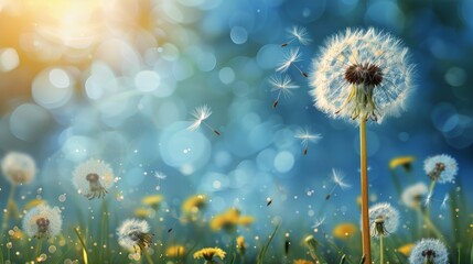 Dandelion Blowing in Wind on Sunny Day