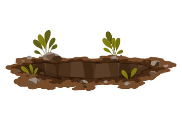 Hole ground. Works digging of sand coal waste rock or gravel. Brown, dry mine element of landscape. Cartoon illustration