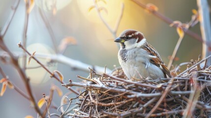 Sparrow constructs nest with twigs from city parks, showcasing adaptability and resourcefulness in urban settings. - obrazy, fototapety, plakaty