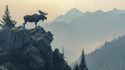 Fotobehang Moose on mountaintop signifies foresight, vision for distant opportunities. © Manyapha