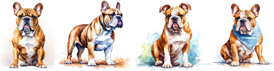 Obraz premium set of 4 Bulldog watercolor illustration playful happy bulldog, cute dog breed, animal pet, domestic animal, vector illustration clipart, cutout on white background, dog illustration for ad promotion
