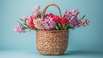 Straw bag with beautiful flowers blossom and bouquet